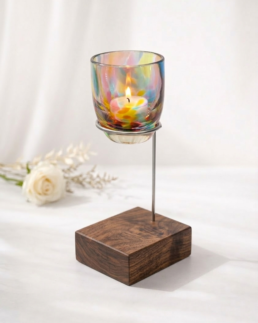 Glassybaby Candle holder with colorful glass and wooden base on a white background