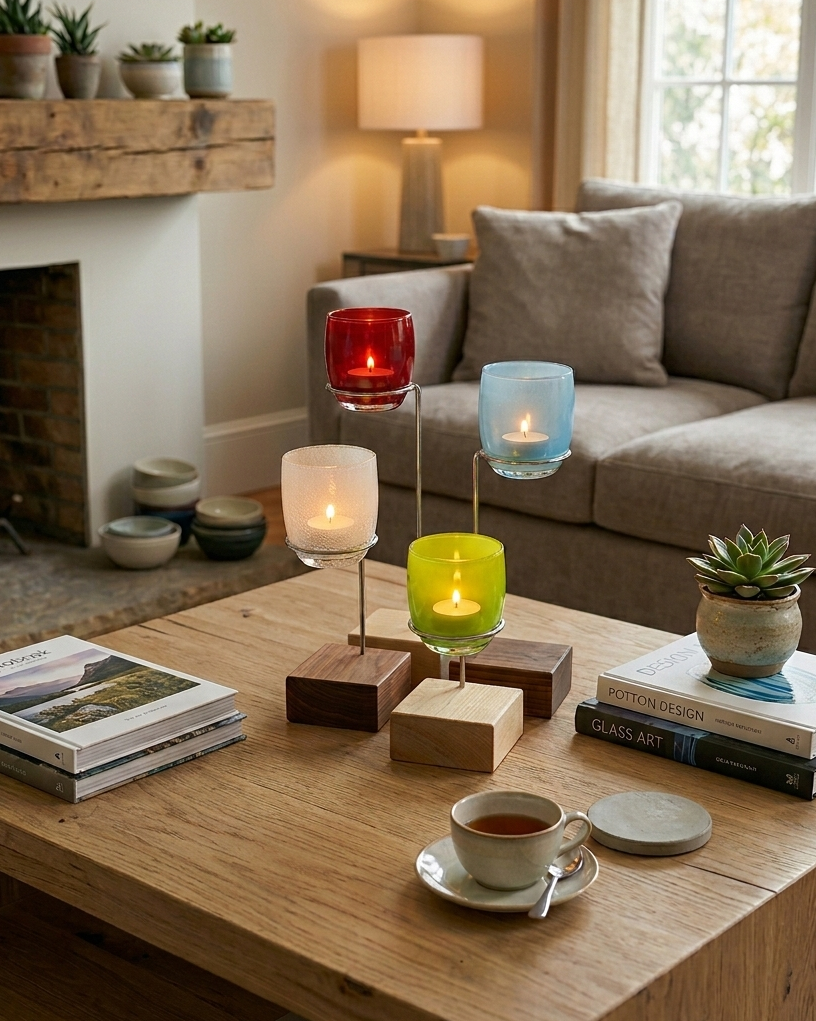 Living room with a wooden coffee table, candles, books, and a cup.