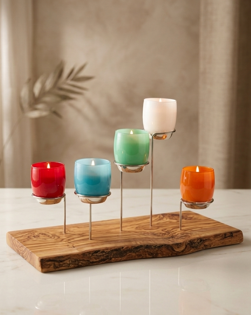 Candle holder with glassybaby candles on a wooden base against a neutral background