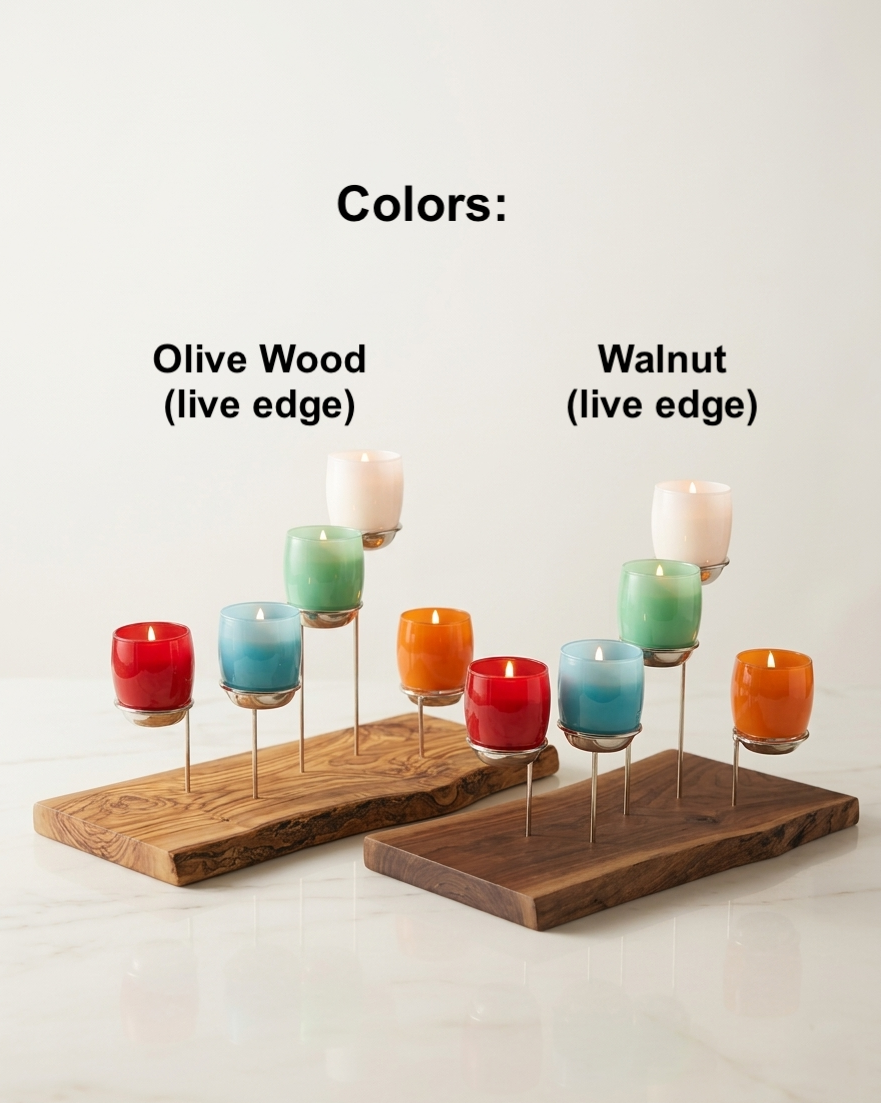 Two wooden candle holders with colorful candles on a white background, labeled 'Olive Wood' and 'Walnut'.
