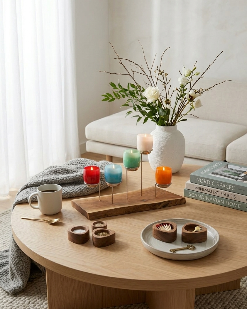 Round wooden coffee table with glassybaby candle holder in a living room setting.