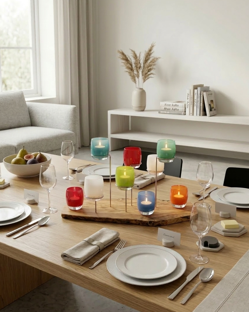 Kaars plank live edge wood glassybaby candle holder on dining table 