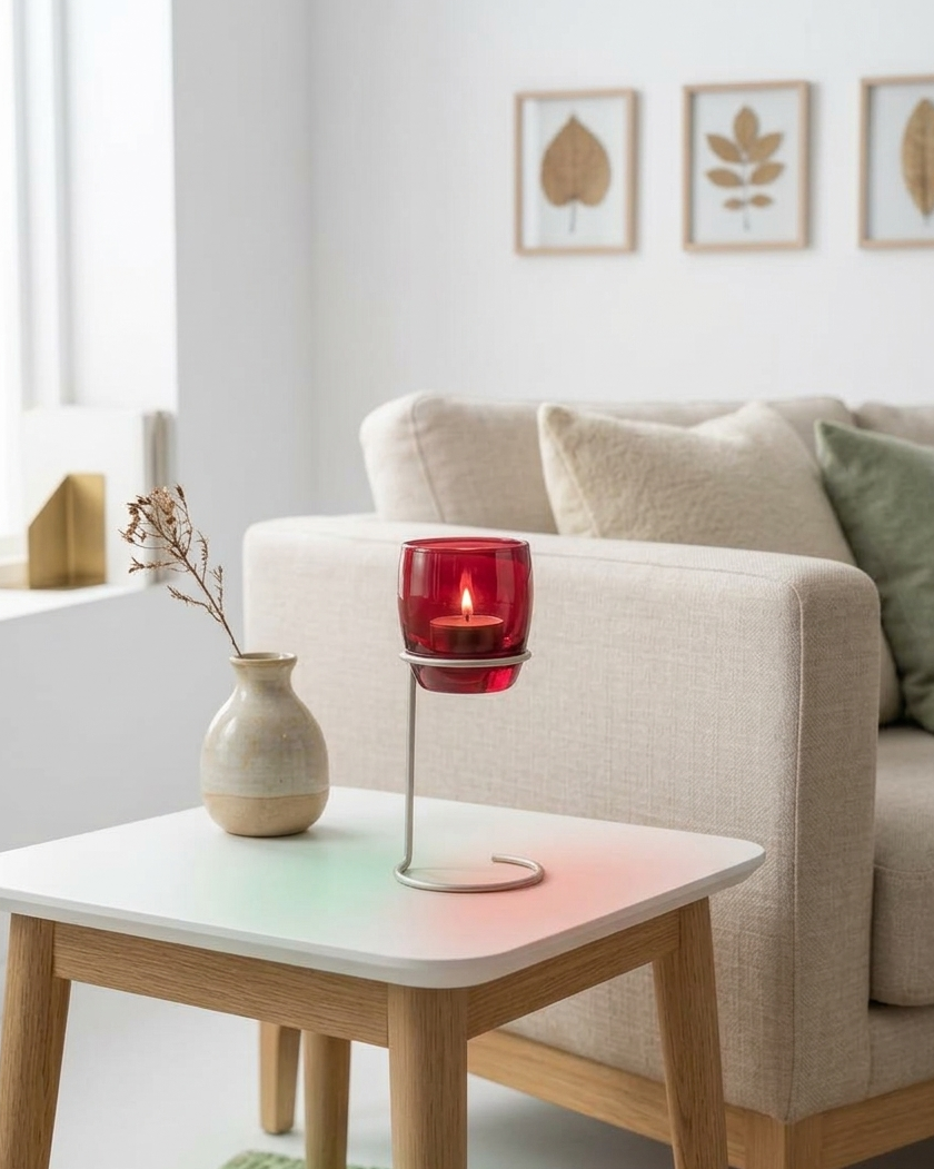 Living room with a beige sofa, small wooden table, and decorative items.