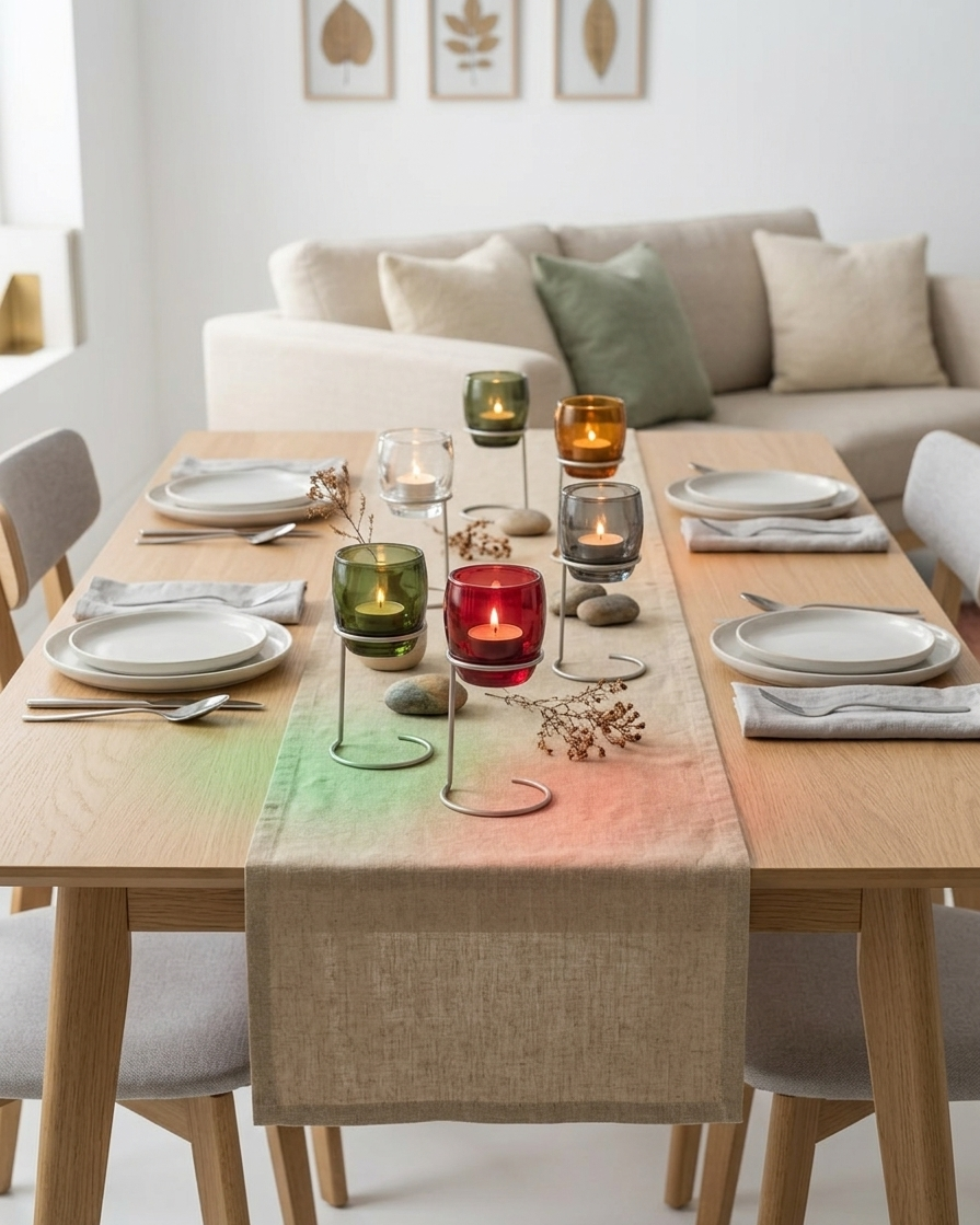 Dining table set with candles and a runner in a living room.