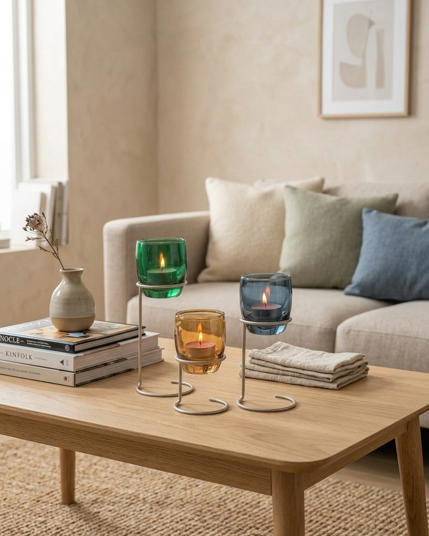 Living room with a coffee table featuring decorative candles and books.